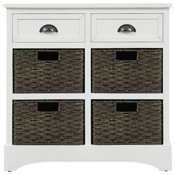 Irene Inevent 2 Drawers and 4 Classic Wicker Baskets Rustic Storage Cabinet Home Farmhouse Style Nightstand