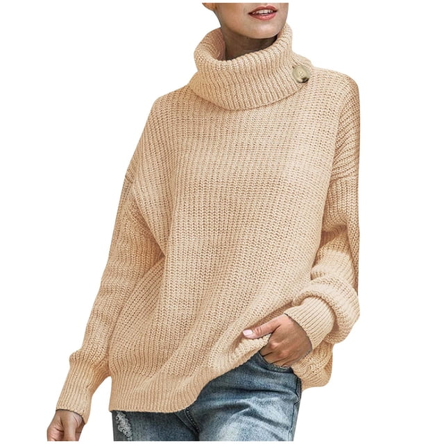 JMYHOAM Sweaters pour Femmes Mode Automne Col Roulé Bouton Manches Longues Chandail Décontracté Blouse Chandail