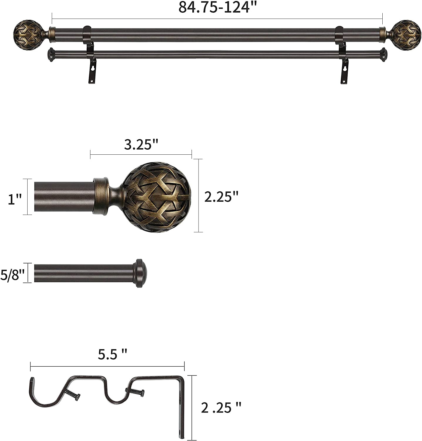 eTeckram 1" Double Curtain Rod with Geo Ball Finials - 84" to 120", Pompeii Bronze