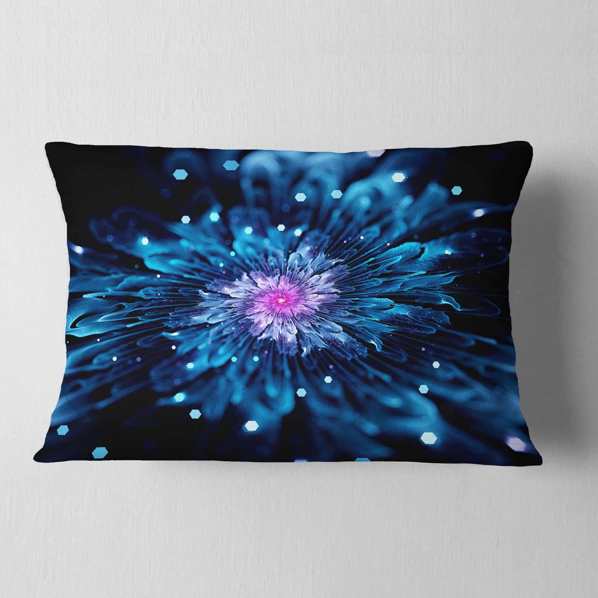 Designart Blue Fractal Flower with Shiny Particles - Flower Throw Pillow - 12x20