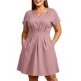 thumbnail image 2 of 2026 Summer Dress for Women 100% Cotton Notch V Neck Short Sleeve Pleated A Line Knee-Length Dress with Pockets, 2 of 7