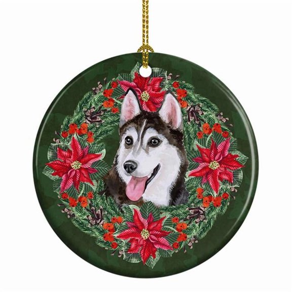 Siberian Husky #2 Poinsetta Wreath Ceramic Ornament 2.8 in x 2.8 in