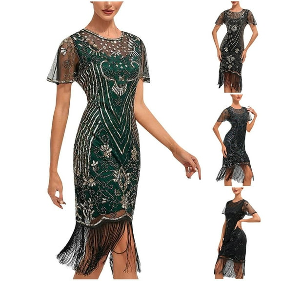 Bixock Dresses for Women,Wedding Guest Dresses for Women,Women's Evening Party Sequin Fringe Short Sleeve Bodycon Gown Dress for Formal Events or Celebrations Dress