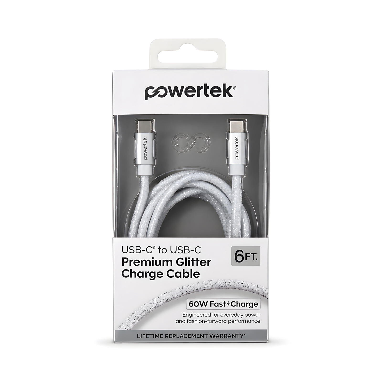 Powertek USB-C to USB-C Cable, Fast Charging Type-C Charger Cord, Durable Tangle-Resistant Sync Cable, White Glitter, 6FT