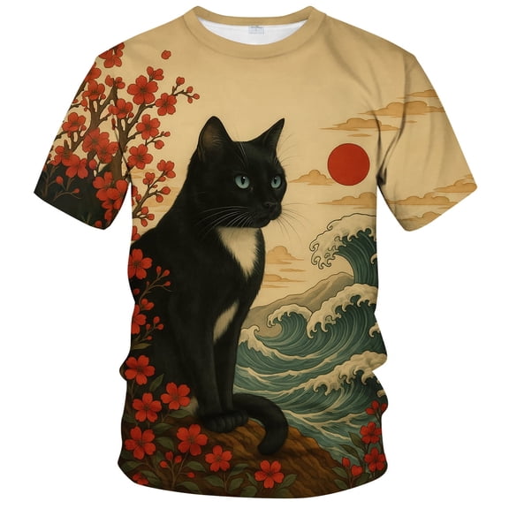 Rebaike Men's & Women's Artistic Black Cat Graphic T-Shirt, All-Over Print Casual Short Sleeve Tee