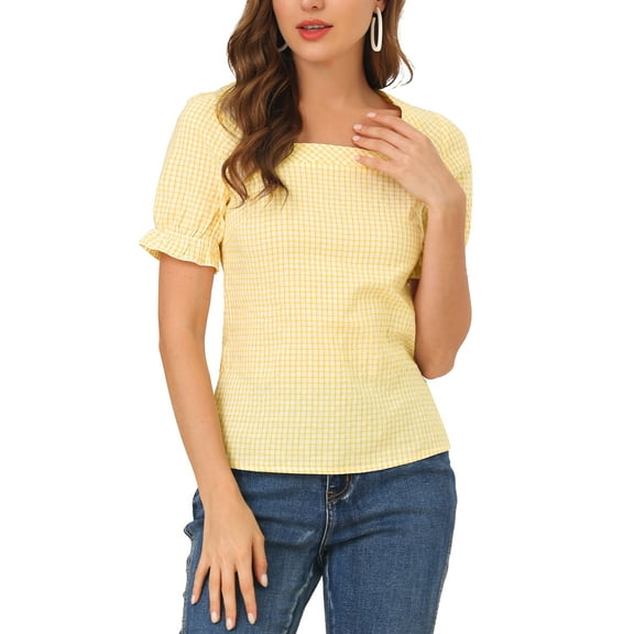 Allegra K Women's Square Neck Short Sleeve Plaid Print Blouse Top