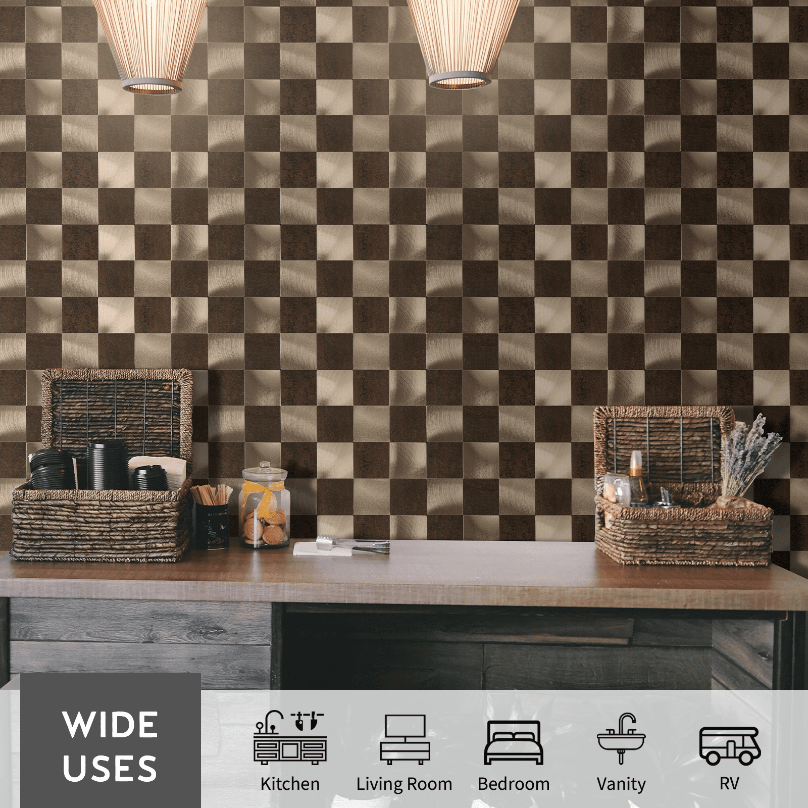 12-Sheet Peel and Stick Backsplash, 12" x 4" PVC Marble Look Self Adhesive Stick on Wall Tiles for Kitchen Bathroom Fireplace (Dark Brown)