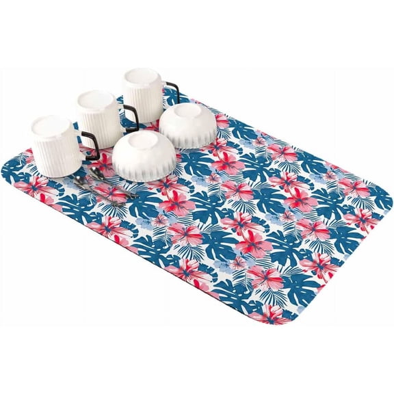 Tropical Floral Dish Drying Mat for Kitchen Counter, Super Absorbent Quick Dry Coffee Bar Mat Pad Thin Diatomaceous Sink Mat Non Slip Dish Drainer Mat 23.5x15.5 Blue Palm Leaves Red Countryside Flower