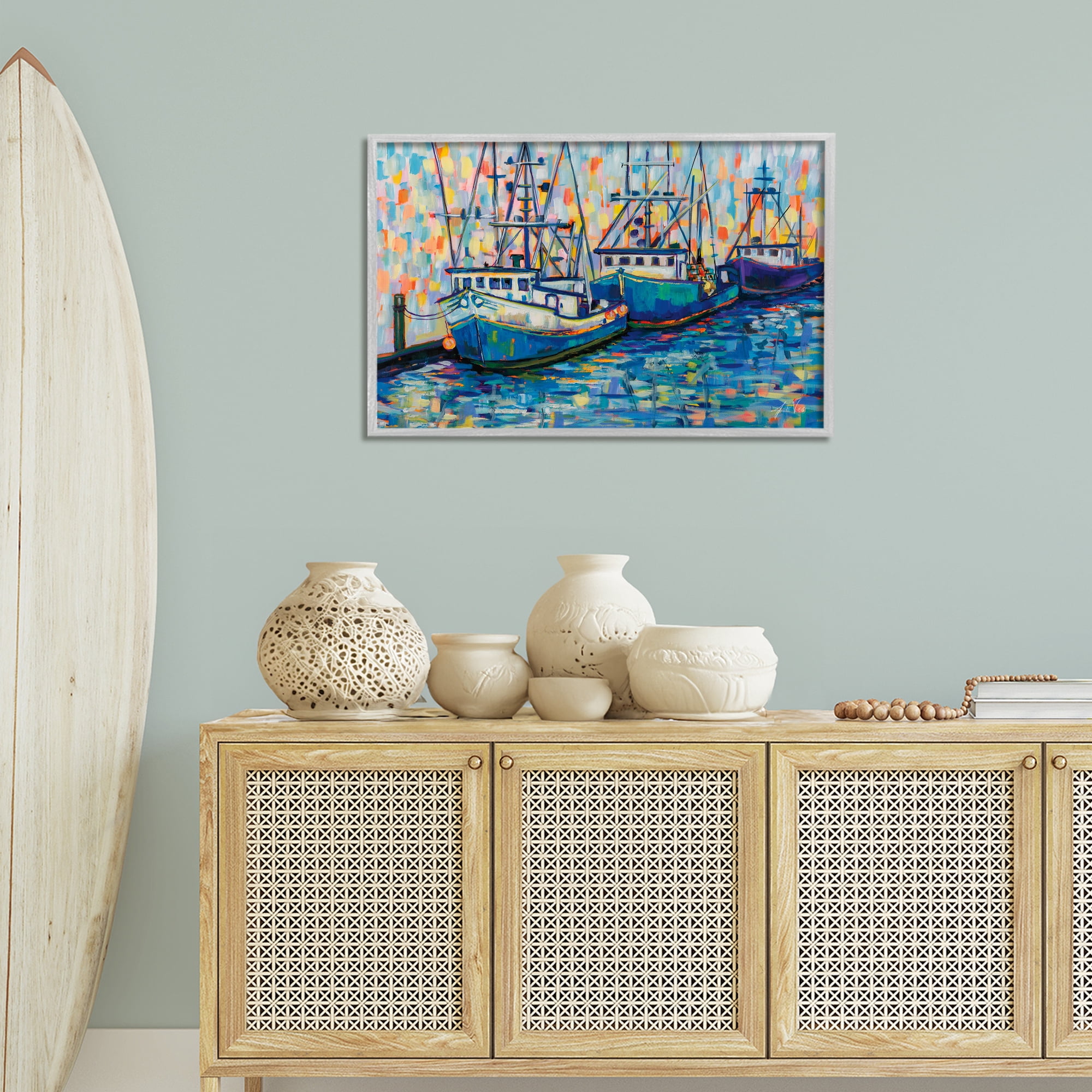 Stupell Industries Vivid Boats in Harbor Transportation Painting Gray Framed Art Print Wall Art, 30 x 20