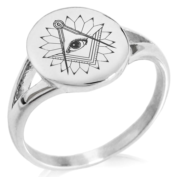 Stainless Steel Freemasons Masonic Lotus All Seeing Eye Minimalist Oval Top Polished Statement Signet Ring
