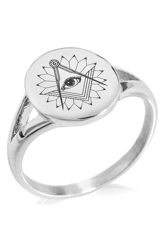 Stainless Steel Freemasons Masonic Lotus All Seeing Eye Minimalist Oval Top Polished Statement Signet Ring