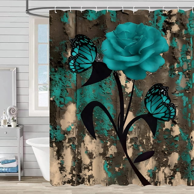 Cortina de ducha de poliéster con diseño de flores, impermeable, resistente a la humedad y al moho, para baño