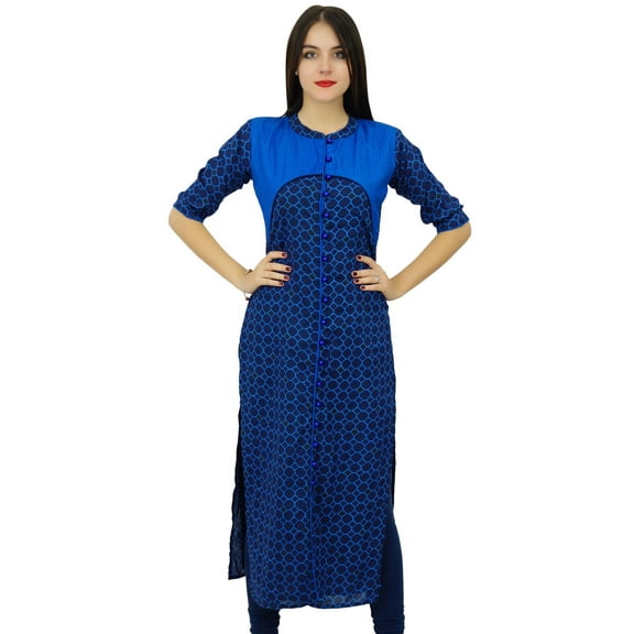 Bimba Womens Mandarin Collar Blue Kurta Straight Ladies Cotton Kurti Clothing