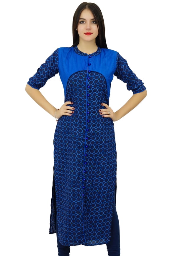 Womens Mandarin Collar Blue Kurta Straight Ladies Cotton Kurti Clothing