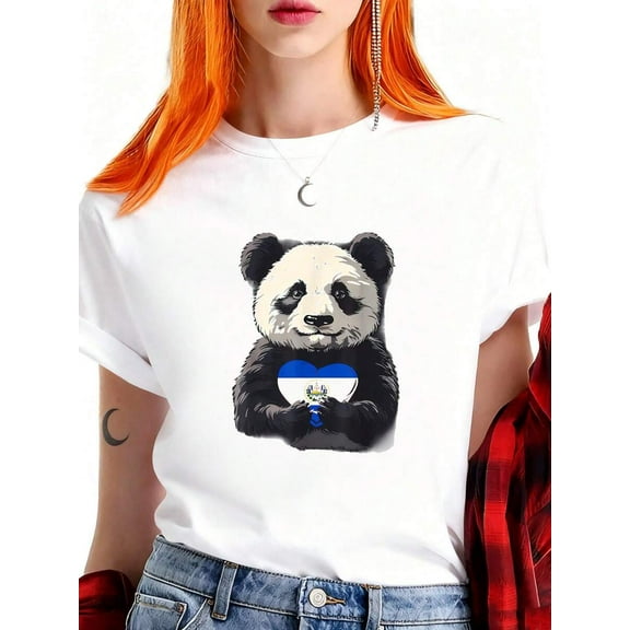 El Salvador Panda Bear Heart El Salvadorian Roots-Shirt Art Top Round Neck White Unisex-Shirt Women And Men