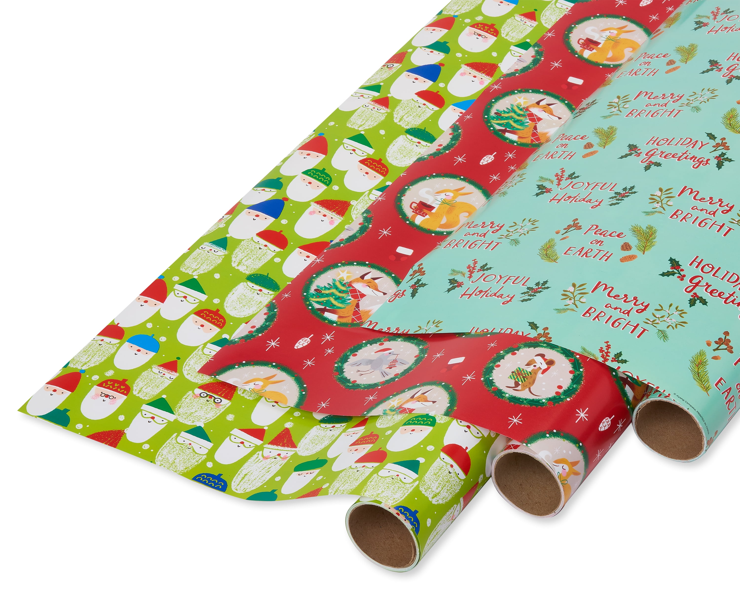 Papyrus Christmas Wrapping Paper, Santa, Holiday Friends and Peace on