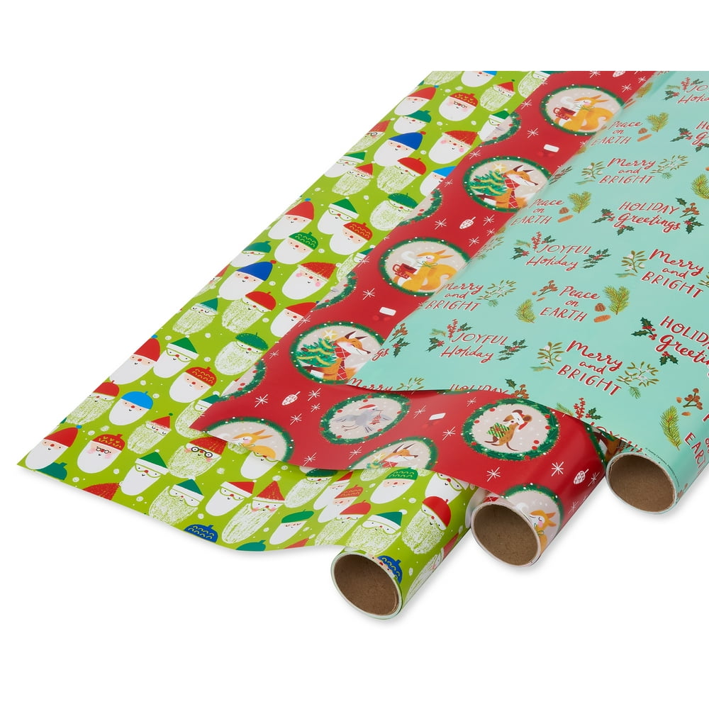 Papyrus Christmas Wrapping Paper, Santa, Holiday Friends and Peace on Earth Prints, 3Roll