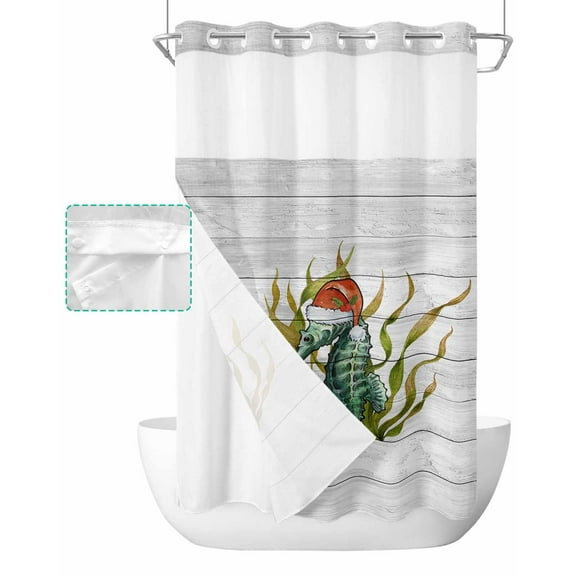 No Hook Shower Curtain with Snap in Liner, Wooden Green Coral Seahorse with Christmas Hat Hotel Shower Curtains for Bathroom, Washable Shower Curtain Liner Set with Mesh Top Window, 36"x72"