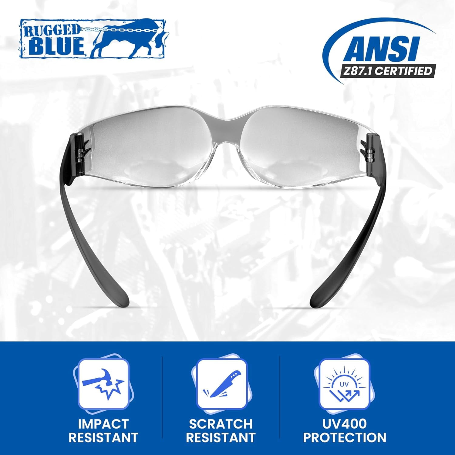 Rugged Blue Diablo Safety Glasses - Black Frame -12 Pack | Clear Lens Protective Eyewear | Lightweight Frameless Design | Scratch-Resistant Lens for Work Construction Lab and Industrial Use