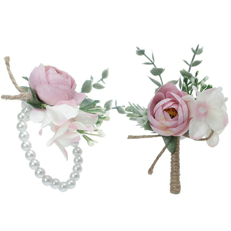 2pcs Flower Wrist Corsage and Boutonniere Set Artificial Corsage Wristlet  Band for Wedding Ceremony Accessories Prom Suit Decorations 
