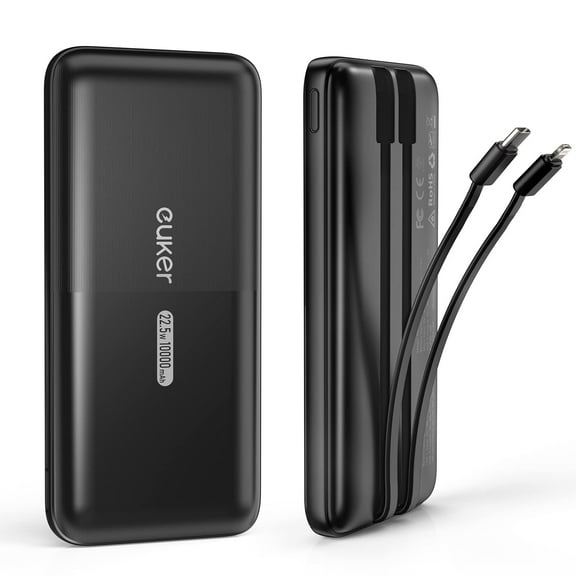 Portable Charger with Built in Cables, 10000mAh Ultra Slim Power Bank 4 Output & 2 Input External Battery Pack,USB C Power Bank Compatible with with iPhone Android