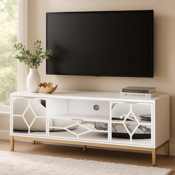 SHYFOY Mid-Century TV Stand for 60 Inch TV, Mirrored Entertainment Center with Storage Cabinets and Drawer, Modern Media Console with Metal Legs, White