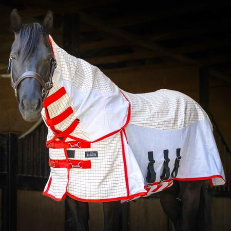 Jeffers Romper Stomper Sweet Itch Fly Sheet for Horses with Detachable Neck 87", Breathable Mesh Cotton Blend Top, UV & Insect Protection Horse Sheet, Lightweight Turnout Rug - White and Red
