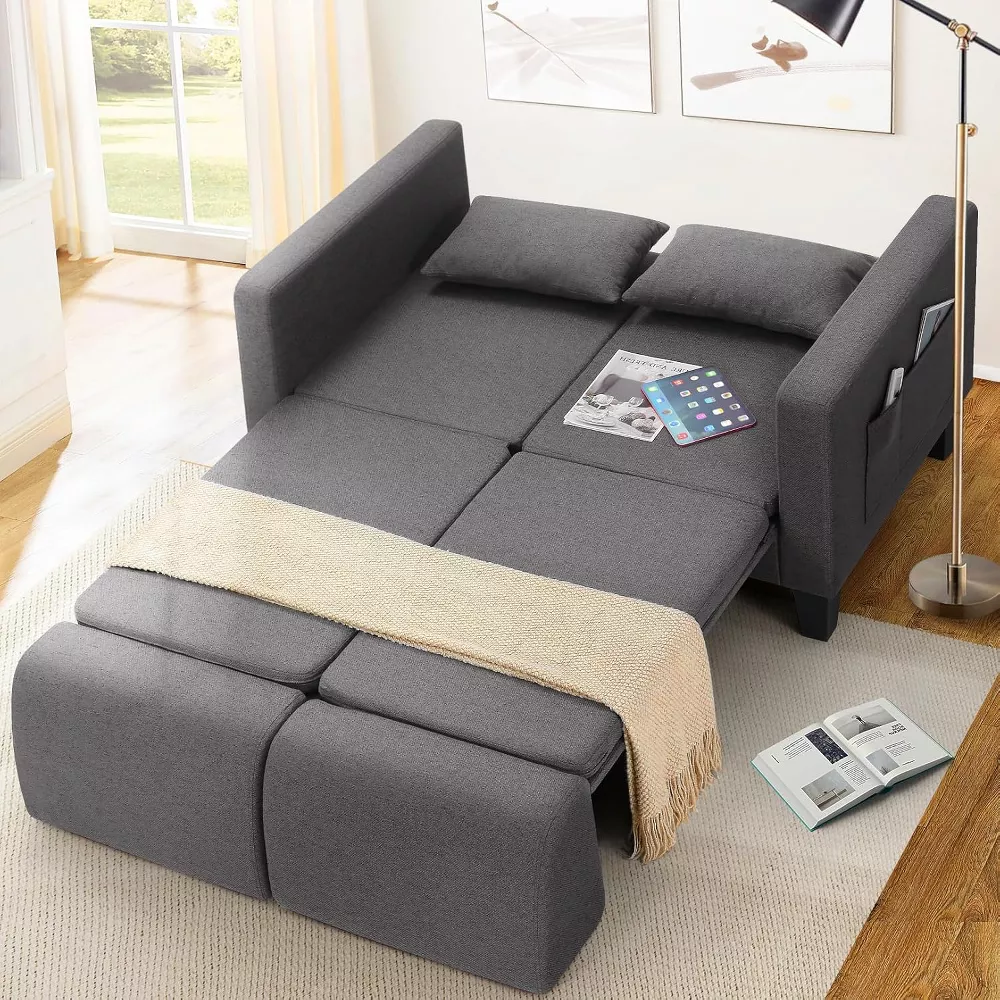 Sailvan 58" 6-in-1 Convertible Sofa Bed, Linen Pull Out Sleeper Couch with Storage & 2 Pillows, Loveseat for Small Spaces, Apartments, Studio,Gray
