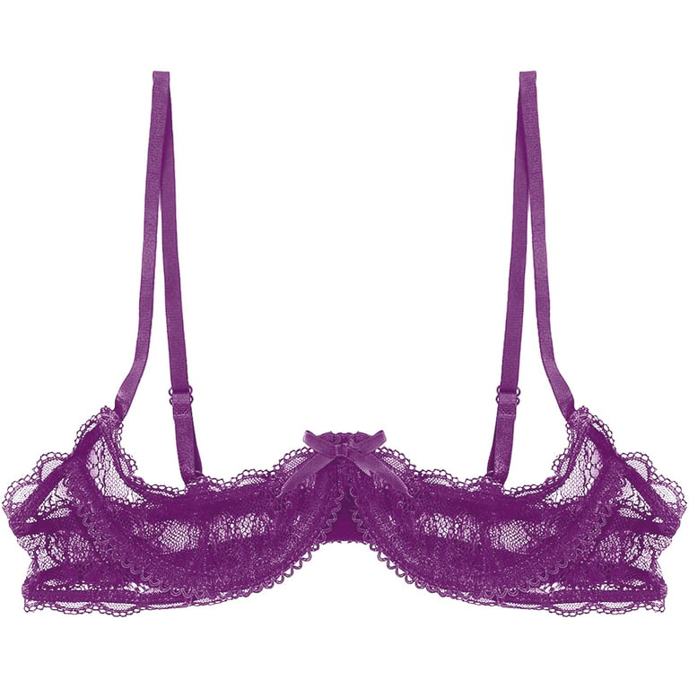 inhzoy Woman's Lace Sheer Push Up Balconette Bra Purple XL