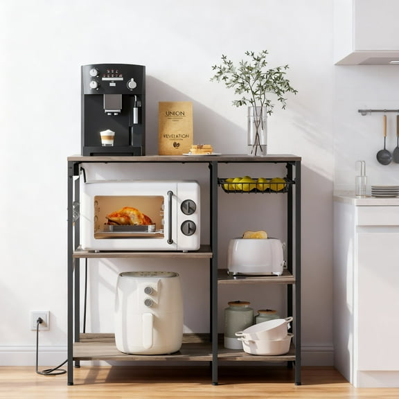 LEDREM Baker's Rack with Power Outlet,Coffee Bar & Kitchen Storage Stand,35.6-inch,Pull-Out Basket and Adjustable Shelves,Heather Greige and Ink Black