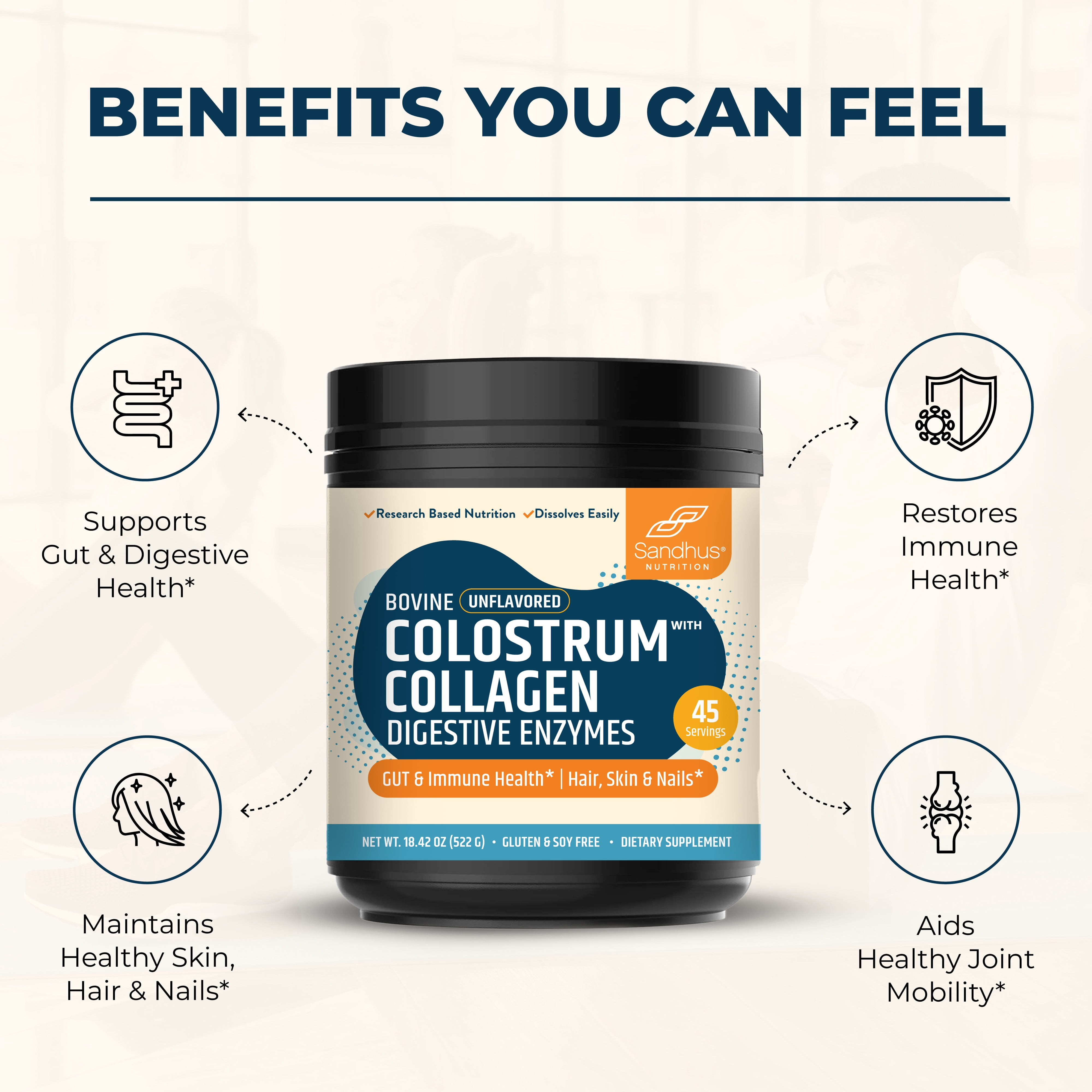 Sandhu's Colostrum with Collagen, 45 Servings, 522gms | Supports Immune, Skin, Nail and Hair Health | Made in USA