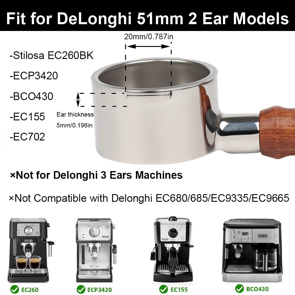 CAPFEI 51mm Bottomless Portafilter 2 Ears Compatible with De'Longhi Stilosa EC260BK | Wooden Handle