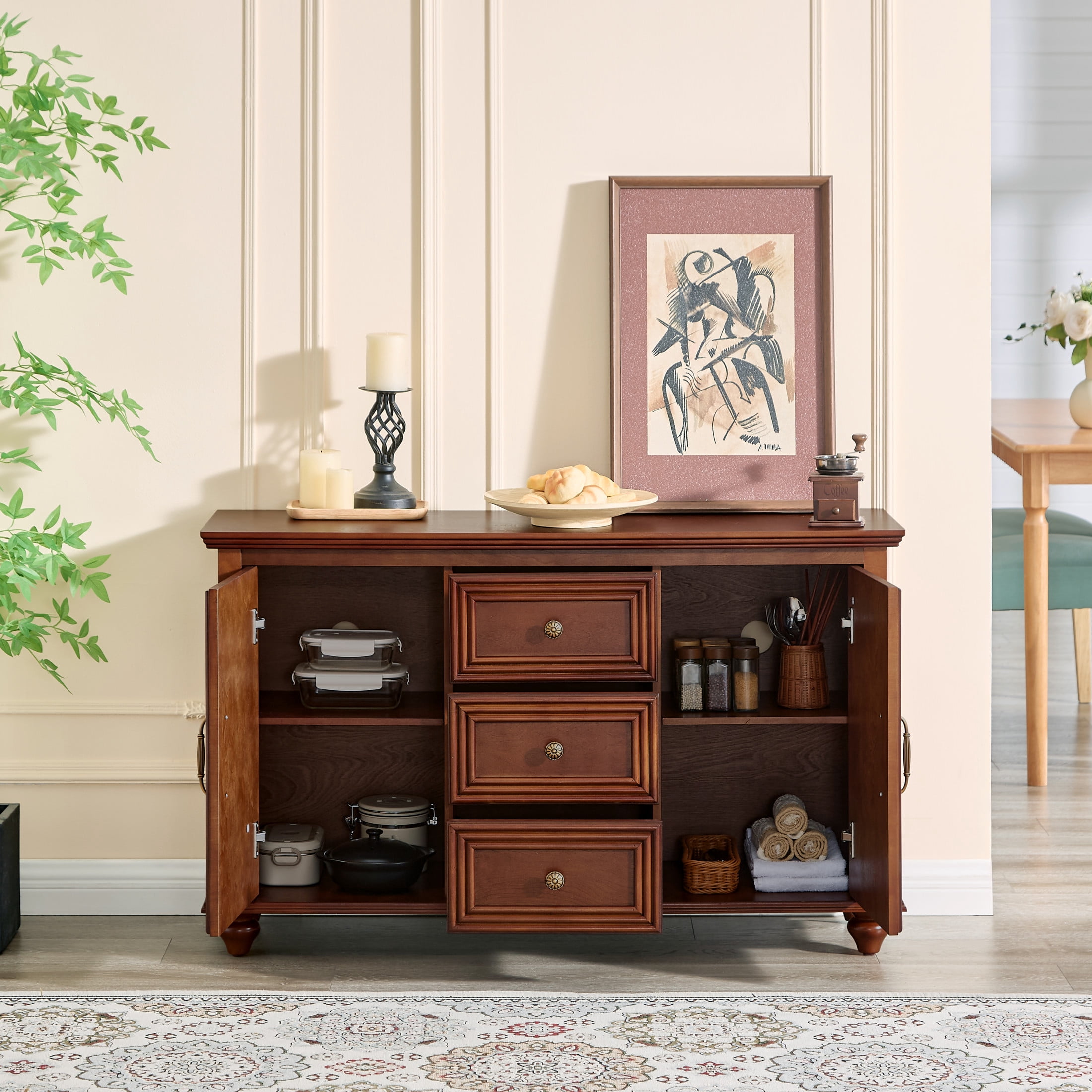 GDF Studio 47.3" Mid Century Modern Sideboard Buffet Cabinet with 2 Doors & 3 Drawers, Walnut