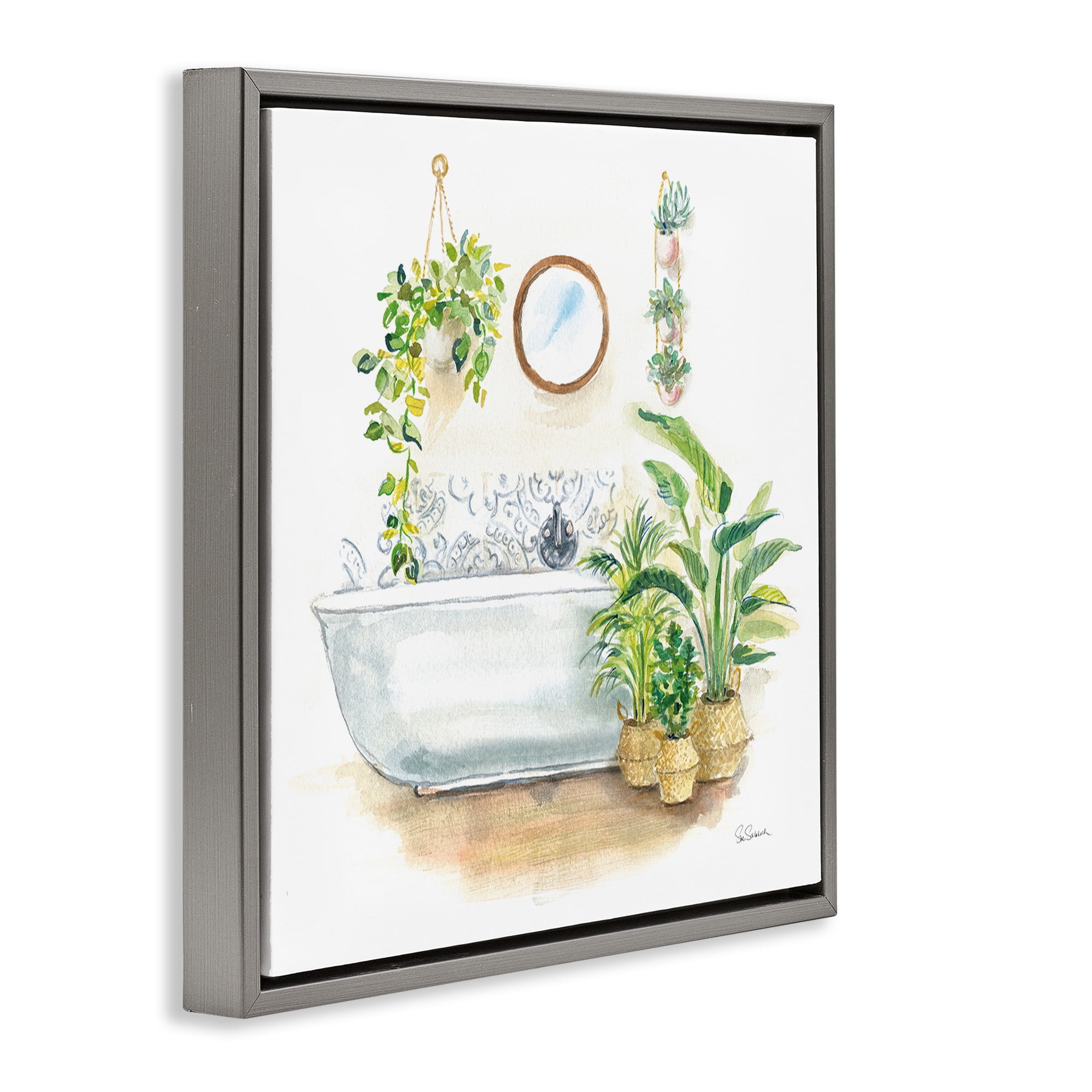 Stupell Industries Serene Bathroom Interior with Greenery Botanical & Floral Painting Gray Floater Framed Canvas Art Print Wall Art, 18 x 18