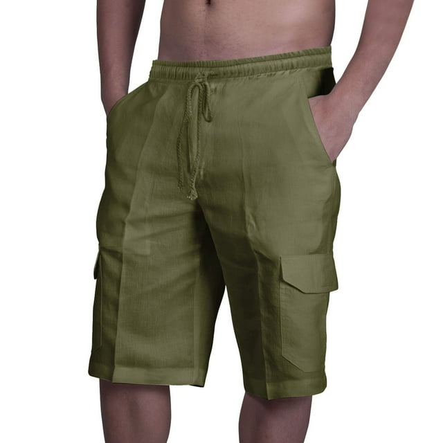 Virmaxy Mens Athletic Running Shorts Cotton Linen Double Pocket Drawstring Elastic Solid Color Shorts Five Pants Green M