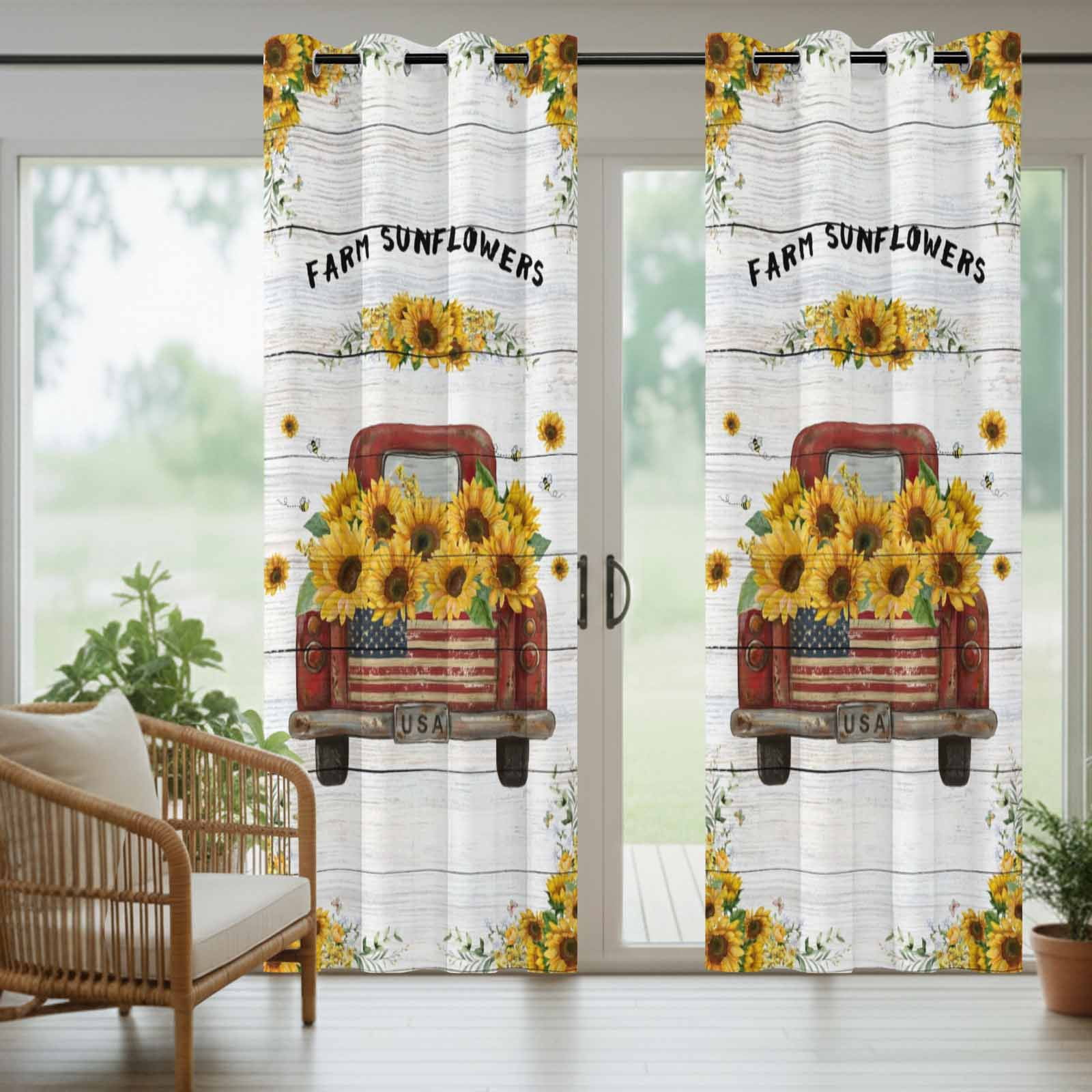 Outdoor Curtains for Patio Waterproof, Sunflower Truck Outdoor Privacy Panels Grommet, Summer Botanical Elegant Pastoral Floral Wooden Blackout Outside Curtains for Porch/Cabana 54"x108", 2 Panels