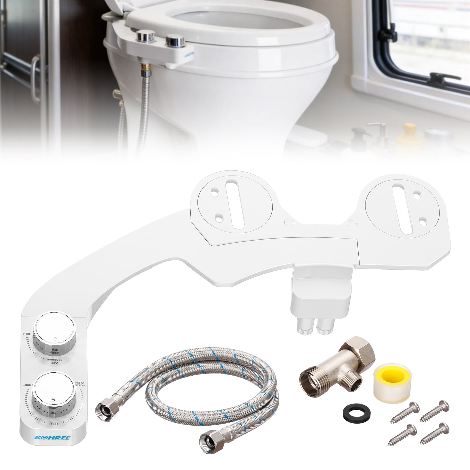 Kohree RV Bidet-360°Self Cleaning, Adjustable Dual Nozzle,Included Metal Mounting Hardware and Hose for Most RV Toilets
