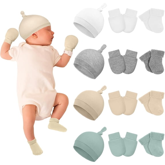 4 Pack Preemie Hats Mitten and Socks Set Preemie Cap No Scratch Mittens Warm Terry Socks for Girls Boys
