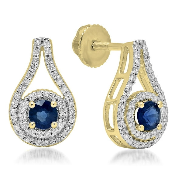 Dazzlingrock Collection 10K Round Cut Blue Sapphire & White Diamond Ladies Halo Style Drop Earrings, Yellow Gold