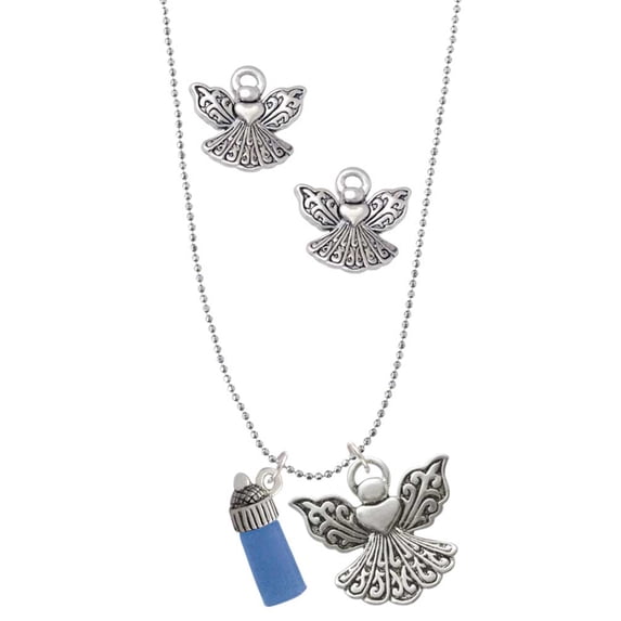 Delight Jewelry Silvertone 3-D Blue Baby Bottle Silver tone Guardian Angel Charm Necklace and Stud Earrings