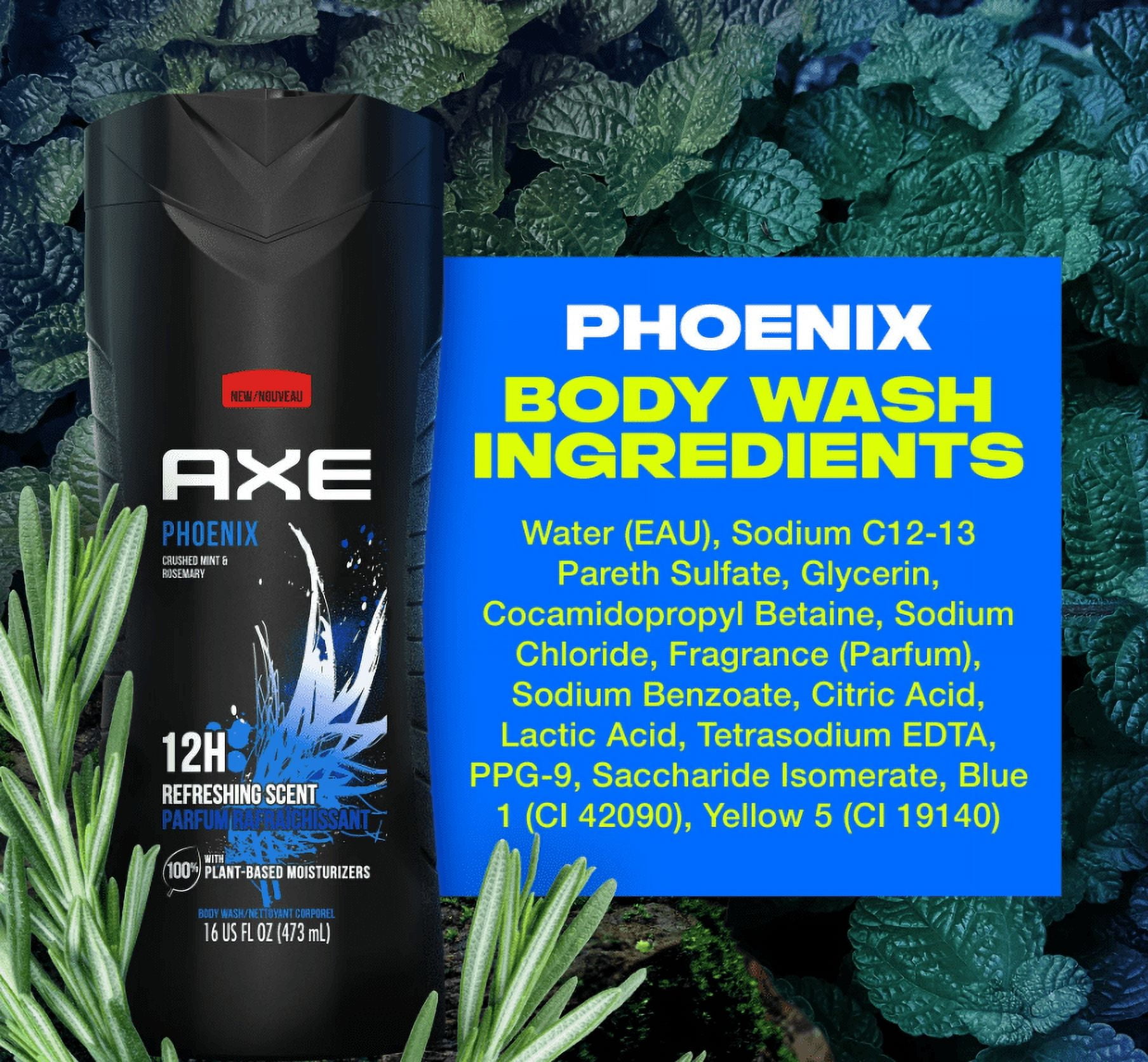 Axe Phoenix Refreshing Long Lasting Men's Body Wash Crushed Mint and Rosemary, 16 fl oz (2 Pack)