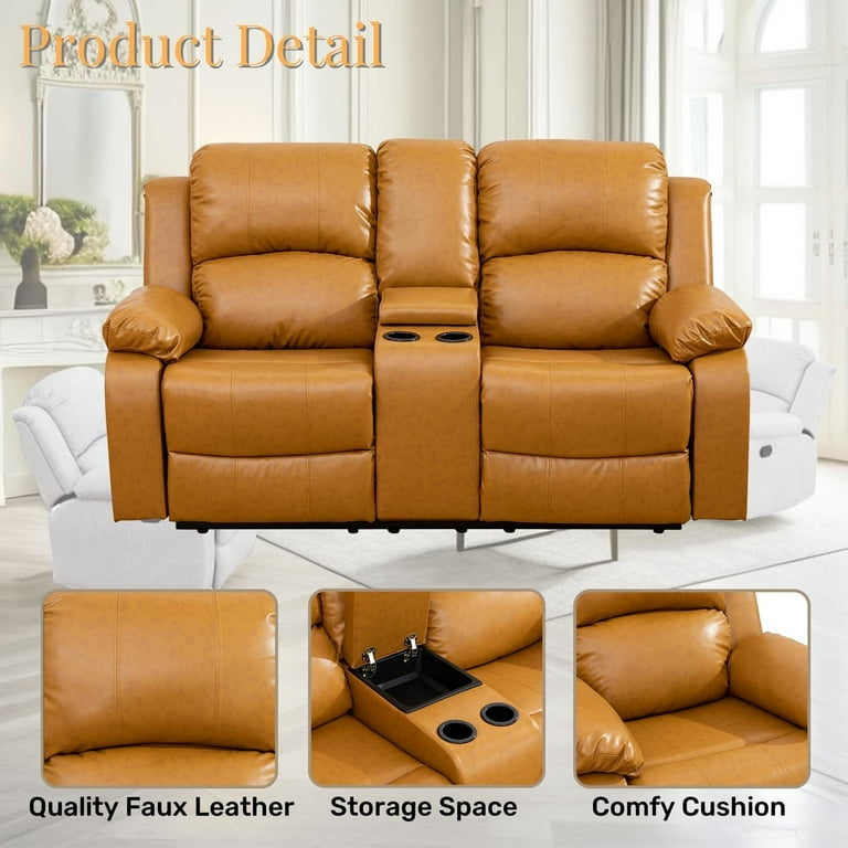 Gewnee Leather Manual Reclining Loveseat with 2 Recliners and Cup Holders Brown