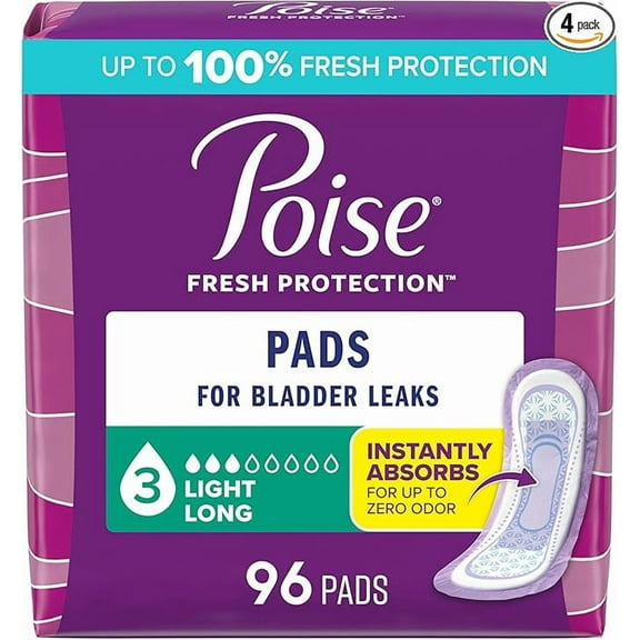 Poise Incontinence Pads & Postpartum Incontinence Pads, 3 Drop Light Absorbency, Long Length, 96 Count (4 Packs of 24), Packaging May Vary