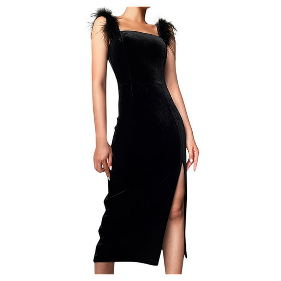 Fesfesfes Women Gowns Lady Part club Party Wedding vented Solid Color Dress Tops on