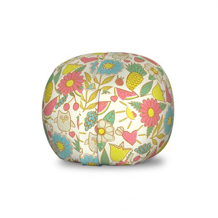 Food Storage Toy Bag Chair  Abstract Pattern with Flowers Fruits Sun Owl and Winged Heart  Stuffed Animal Organizer Washable Bag  Large Size  Eggshell Multicolor  by Ambesonne