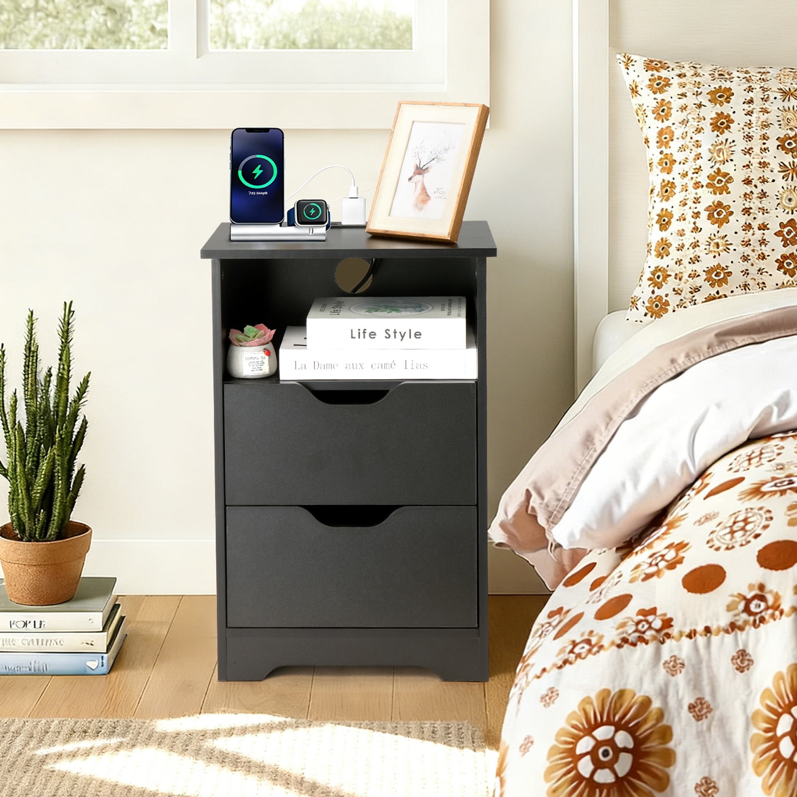 Ktaxon Set of 1 NightStand with Charging Station BedsideTable with 2 Storage Drawers,End Side for Bedroom,Country Style Black