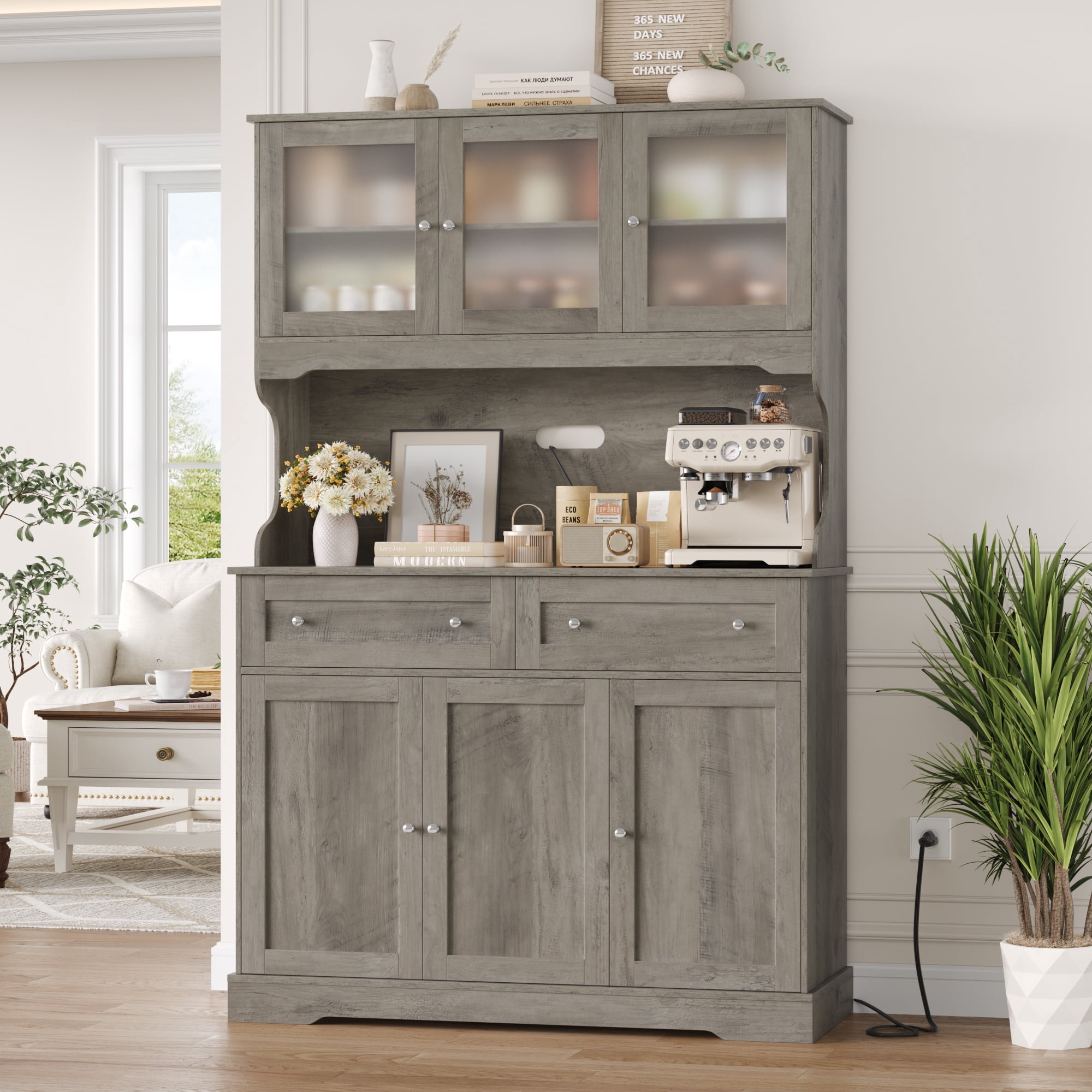 Hiphuta 72"Tall Kitchen Pantry Storage Cabinet with Power Outlet, Freestanding Cupboard Storage Buffet Hutch with Microwave Stand, Storage Pantry with Drawers & Glass Doors, Ash Gray