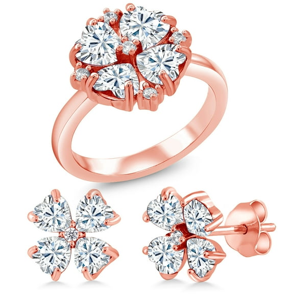 Gem Stone King 18K Rose Gold Plated Silver Fashion Clover Ring and Earrings Jewelry Set with Moissanite (3.57 Cttw) (Size 7)