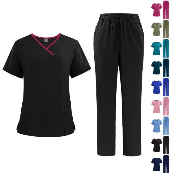 Women's Scrubs Set V-Neck Top with Contrast Trim Pockets & Straight Leg Pants Quick Dry Breathable Medical Workwear for Nurses Doctors Hospital Staff Uniform Black L