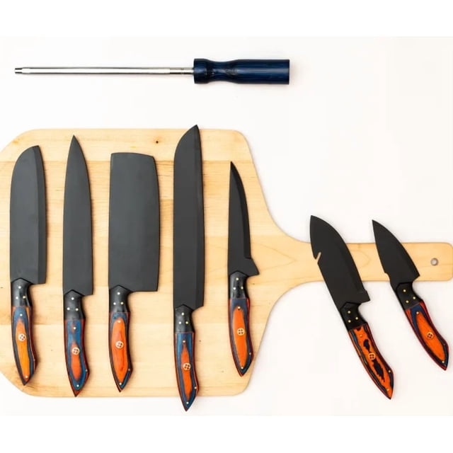 8-Piece Black Stainless Steel Knife Set with Leather Knife Roll, Handmade Kitchen Knives – Hawkeen Knife